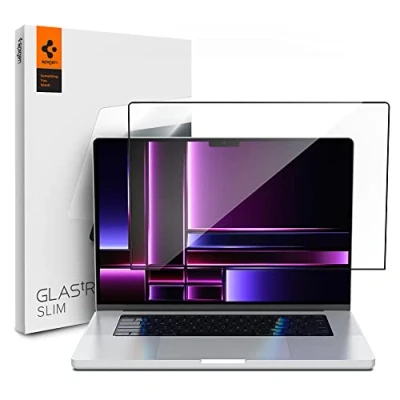 Abbildung von Spigen Glas.tR Slim Displayschutz für MacBook Pro 16 Zoll (M4 / M4 Max M3 Serie M2 M1 Serie), Schwarz Volle Abdeckung, 9H Glas, Antikratz, Schutzfolie