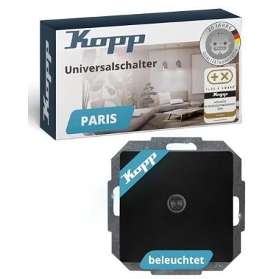 Abbildung von Kopp Paris Universalschalter (Aus Wechsel Schalter), beleuchtet, IP20, schwarz, matte Oberfläche, 250V , 650674080