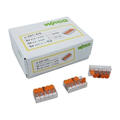 Abbildung von WAGO Steckklemme 5 Fach mit Hebel für starre (0,2 4 mm²) und flexible (0,14 Drähte zum wieder öffnen transparent/orange Inhalt 25 Stück