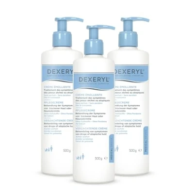 Abbildung von Dexeryl Creme 3x 500g: Pflege und Schutz für trockene Haut insbesondere bei verschiedenen Hauterkrankungen wie Neurodermitis. Parfümfrei ohne Parabene