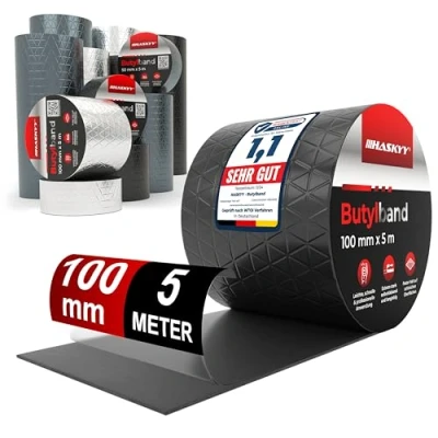 Abbildung von Wasserdichtes Klebeband Butylband I 10cm*5m Schwarz hochwertig selbstklebend mit Aluminiumfolie Butyl Tape alterungsbeständig korrosionsbeständig UV beständig