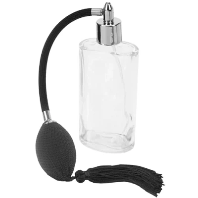 Abbildung von Fantasia Glaszerstäuber mit Ballpumpe nachfüllbar für 100ml Parfum Zerstäuber zuhause und unterwegs oval SilberSchwarz, durchsichtig