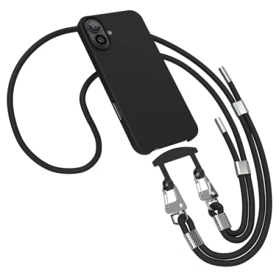 Abbildung von EAZY CASE Hülle mit Band kompatibel iPhone 16 Plus Handyhülle für Schutzhülle Silikonhülle Mikrofaser Fallschutz Handykette zum Umhängen 2in1 Handykordel Schwarz