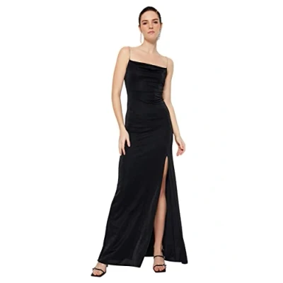 Abbildung von TRENDYOL Damen Women Fitted Knit Evening Dress Maxi Shift Tailliertes Strick Abendkleid, Schwarz, 40