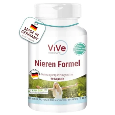 Abbildung von Nieren Formel 90 Kapseln mit Cranberry, Bärentraube, Wacholder, Birkenlaub, Schachtelhalm, Löwenzahn und Alfalfa hochdosiert vegan Qualität aus Deutschland von ViVe Supplements
