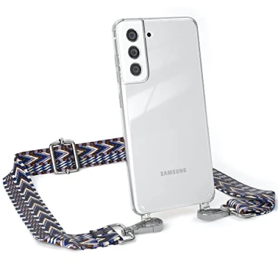 Abbildung von EAZY CASE Handykette Flexibler Trageriemen kompatibel mit Samsung Galaxy S21 FE 5G, Schultergurt zum Umhängen, Riemen, Band austauschen, Wechselgurt, Blau/Weiß Metall Silber