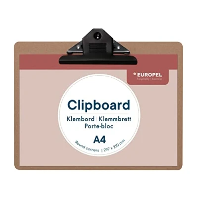 Abbildung von EUROPEL Klemmbrett aus Holz, A4, Hochformat, FSC zertifiziert, MDF, mit schwarzem Metallclip, für Klassenzimmer, Büro, Geschäft, Restaurant, Lager, 325x230x3mm