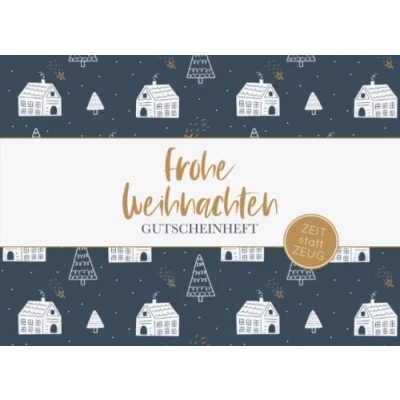 Abbildung von Frohe Weihnachten Gutscheinheft: Kleines Gutscheinbuch zu mit 12 vollfarbigen Blanko Gutscheinen zum selber Ausfüllen. skandinavisch ... Weihnachtsmuster Häusern und Bäumen