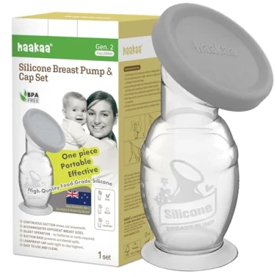 Abbildung von haakaa 150 ML Handmilchpumpe mit Silikondeckel und Saugfuß, Transparent Manuelle Brustpumpe, Silikon Milchpumpe &amp; Muttermilchauffänger, Gesund Harmlos