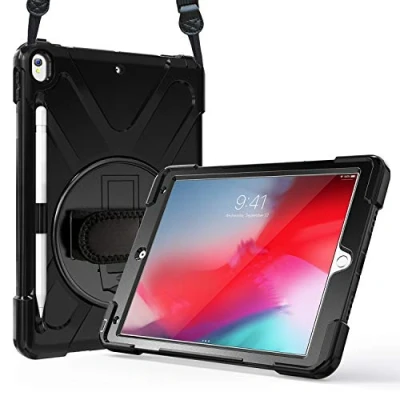 Abbildung von ProCase iPad Air 3 10.5 2019 /iPad Pro 2017 Hülle Case Handschlaufe,Robust Heavy Duty Stoßfest Hybrid Full Body Schutzhülle Cover, 360Drehständer und verstellbar Riemen Schultergurt Schwarz
