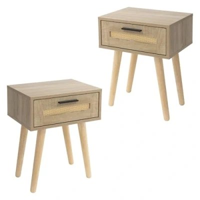 Abbildung von ML Design 2er Set Nachttisch mit 1 Schublade, 40x50,5x30 cm, Eiche Optik, Nachtschrank Rattanfront Massivholzfüßen, Nachtkommode für Boxspringbett Schlafzimmer, Beistelltisch Couchtisch Wohnzimmer