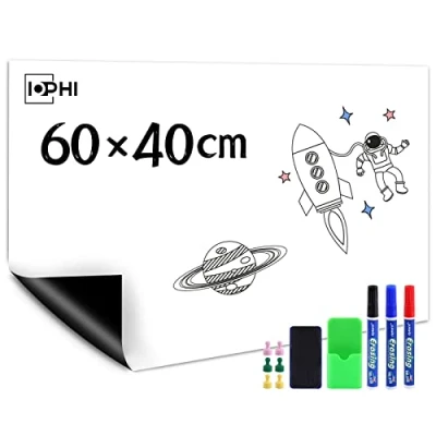 Abbildung von Whiteboard Folie, 60 x 40 cm Magnetisch Selbstklebend Weißwandtafel Inklusive Marker und Schwamm, Sticker DIY, Wandfolie für glatten Oberflächen in Schule Büro Haus