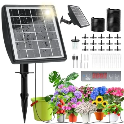 Abbildung von Solar Bewässerungssystem 2025, Automatische BewäSserung Zimmerpflanzen eingebauter Timer mit 15m Tropfschlauch, Tröpfchenbewässerung für Kübelpflanzen Pflanzen Balkon Hochbeet Gewächshaus Garten