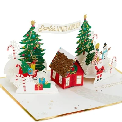 Abbildung von Hallmark Weihnachtskarte, 3D und Pop Up Karte, Santa&#039;s Workshop, Winterwunderland, Rot, Grün, Gold