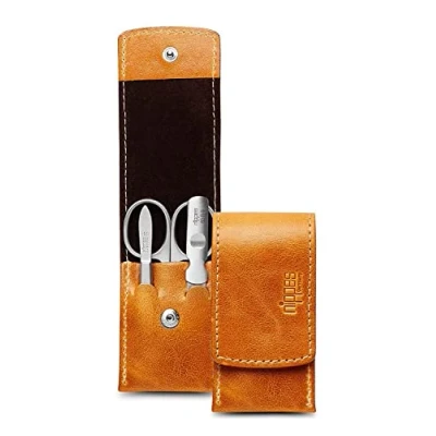 Abbildung von nippes Solingen Maniküre Set Cognac, 3 teilig, Rindleder Etui mit Druckknopf, Nagelpflege Set, Nagelschere Made in Germany