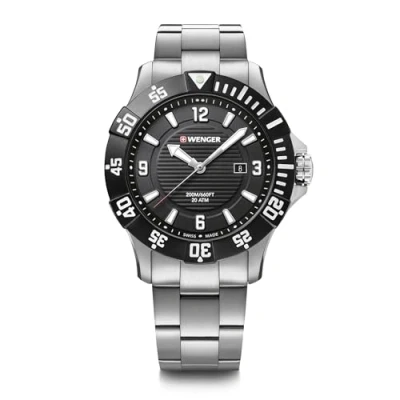 Abbildung von WENGER Herren Armbanduhr Seaforce Ø 43 mm, Swiss Made, Analog Quarz, Wasserdicht bis 200 m, Edelstahl Armband, Schwarz/Silber, 01.0641.131