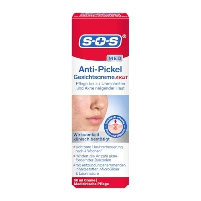 Abbildung von SOS Anti Pickel Gesichtscreme Akut, medizinische Gesichtspflege bei Akne, reduziert Anzahl an Pickeln und Mitessern beugt Neubildung vor, mit MicroSilber Laurinsäure, 1 x 50 ml