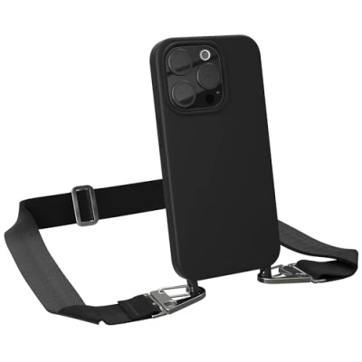 Abbildung von EAZY CASE Hülle mit Band kompatibel iPhone 15 Pro Handyhülle Umhängeband für Silikonhülle Schwarz Handykette zum Umhängen Handykordel Schutzhülle Smartphone in