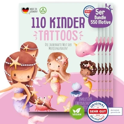Abbildung von MeinBaby123® 550 hautfreundliche Meerjungfrauen Tattoos Hauttattoos für Mädchen Mitgebsel Kindergeburtstag vegan &amp; made in Germany (5er Set Meerjungfrauen)