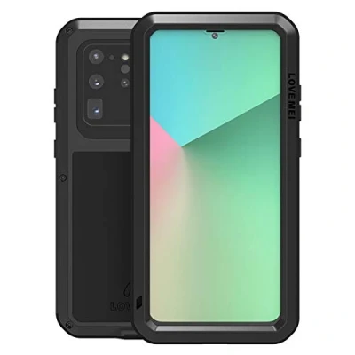 Abbildung von LOVE MEI für Samsung Galaxy S20 Ultra Metall Hülle,Heavy Duty Rüstung Tank Bumper Robust Aluminium Stoßfest/Staubdicht/Anti Drop Ganzkörper Schutz Fall Cover mit gehärtetem Glas (Schwarz)