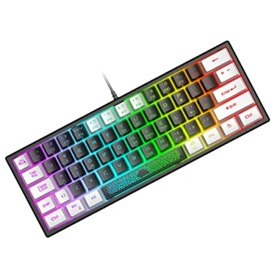 Abbildung von Mini 60% Gaming Tastatur, Membran Game Keyboard mit Halbmechanisch Tasten, Optical RGB Chroma Backlit Kompakt 62 Tasten Double Color Keycap, QWERTY Layout für PC Laptop Mac Computer White &amp; Black