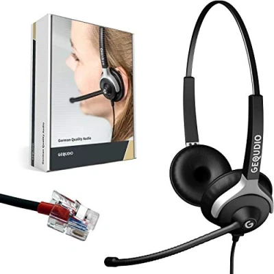 Abbildung von GEQUDIO Headset kompatibel mit Yealink, Snom, Avaya, Grandstream Telefon inklusive RJ Kabel Kopfhörer &amp; Mikrofon Ersatz Polster besonders leicht 80g (2 Ohr)