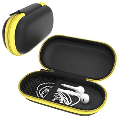 Abbildung von EAZY CASE Universal Tasche für In Ear Kopfhörer mit Netzfach Hardcase Aufbewahrungsbox, Schutztasche umlaufenden Reißverschluss, extra klein, oval, Gelb