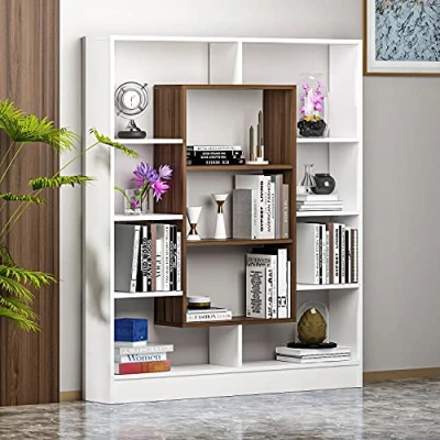 Abbildung von Homidea Venus Bücherregal Standregal Büroregal Raumtieler für Wohnzimmer/Büro in modernem Design (Weiß/Nußbaum)