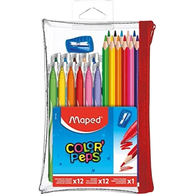 Abbildung von Maped Federmäppchen gefüllt transparent Color&#039;Peps 12 Buntstifte + waschbare und trocknungsbeständige Filzstifte 1 Spitzer wiederverwendbar mit Reißverschluss