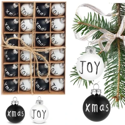 Abbildung von BRUBAKER 24 teiliges Set Weihnachtskugeln Joy &amp; Xmas 3 cm Mini Christbaumkugeln für Weihnachtsbaum Handbemalter Christbaumschmuck Kugeln Bruchsichere Weihnachtsbaumkugeln Schwarz und Weiß