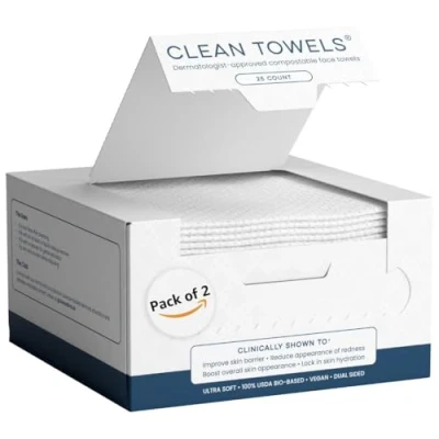 Abbildung von Clean Skin Club Gesichtshandtücher, biobasierte, von Dermatologen zugelassene Einweg, klinisch getestet, ultra weiche Make up Entferner Trockentücher, 2 Packung, 50 Stück.