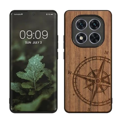 Abbildung von kwmobile Hülle kompatibel mit Xiaomi Redmi Note 14 Pro 5G / Poco X7 Holz Case Handy Cover TPU Handyhülle in Dunkelbraun Kompass Vintage