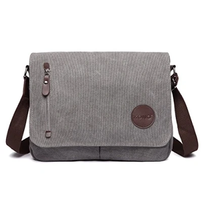 Abbildung von KONO Leinwand Laptop Messenger Taschen 13,5 Zoll Canvas Satchel Schultertasche Umhängetaschen für Herren Arbeits Laptoptasche (Grau)