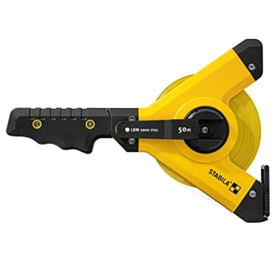 Abbildung von Stabila Rahmenbandmaß LBM 1000 STEEL, 50 m, Stahl Messband mit metrischer Skala und NYLON WRAP Ummantelung, Universalhaken, bruchsicherer Rahmen, MID Genauigkeit, 1000, Schwarz/Gelb