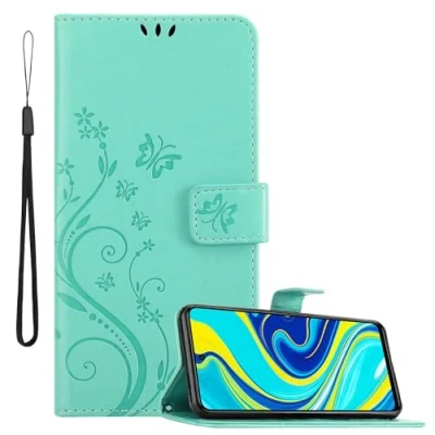 Abbildung von Cadorabo Hülle kompatibel mit Xiaomi RedMi Note 9 PRO/Note 9S Blumen Design aus Premium Kunst Leder Flip Klappbare Stoßfeste Magnetische [Standfunktion] [Kartenfächern] Cover Case Tasche in Türkis