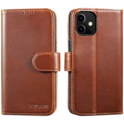Abbildung von LENSUN Echtleder Hülle für iPhone 12 Mini, Handyhülle [Echtes Leder][Magnetverschluss][Standfunktion] Handytasche Lederhülle Schutzhülle Mini Dunkelbraun