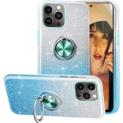 Abbildung von Kompatibel Mit iPhone 13 Pro Hülle,3 In 1Glitzer Diamant Silikon Cover Handyhülle,360 Verdrehbare Ring Für Magnetischen Autohalterungen,Geeignet Hülle Blau