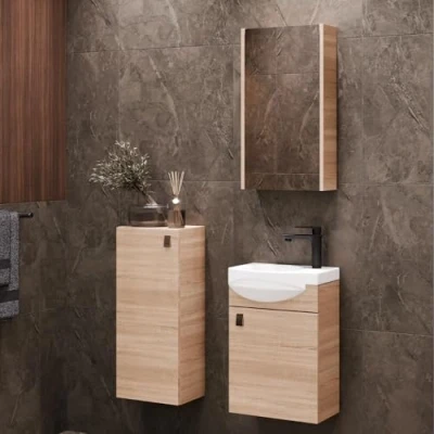 Abbildung von Planetmöbel Badset komplett aus Unterschrank 40cm mit Waschbecken, Spiegelschrank und 1x Midischrank in Sonoma Eiche, Komplettset für Badezimmer 4 teilig