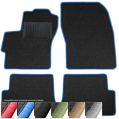 Abbildung von moto MOLTICO Fußmatten Auto Velours Autoteppiche Schwarz Automatten Set 4 teilig passend für Mazda 6 I 2002 2007 (Blaue Ziernähte)