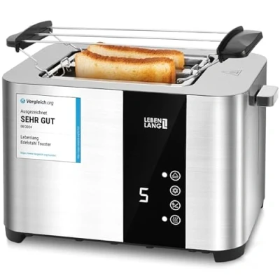 Abbildung von Lebenlang Toaster Premium 2 Scheiben Multifunktionstoaster aus Edelstahl, für Scheiben, 850,00 W, mit Touchscreen Display, 7 Bräunungsstufen und 4 Funktionen