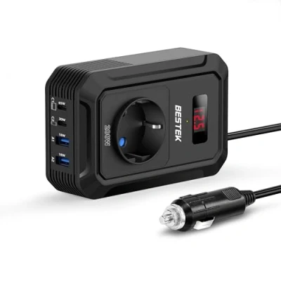 Abbildung von BESTEK 200 W Spannungswandler 12 V auf 240 230 AC Auto Wechselrichter, mit 3 pin Steckdosen, 2 18 USB und C Anschlüssen Zigarettenanzünderstecker, von Laptops, iPhones, mehr, Schwarz