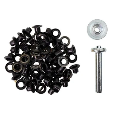 Abbildung von Langlauf Schuhbedarf 50 Ösen mit Scheibe und Werkzeug 4/5/8/11/14mm Silber/schwarz/Gold rostfrei (schwarz 4mm)