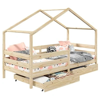 Abbildung von IDIMEX Kinderbett ENA, Hausbett Montessori 90 x 200 Tipi Rausfallschutz Kiefer Schubladen nat