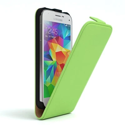 Abbildung von EAZY Case Hülle kompatibel mit Samsung Galaxy S5 Mini Flip Cover zum Aufklappen, Handyhülle aufklappbar, Schutzhülle, Flipcover, Flipcase, Flipstyle vertikal klappbar, aus Kunstleder, Grün
