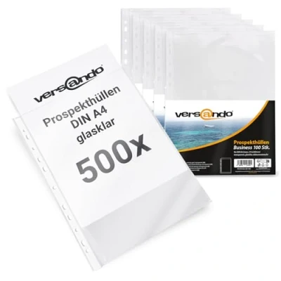 Abbildung von versando 500x A4 Prospekthüllen Business mit Heftrand Klarsichthüllen glasklar transparent 60my (5x 100 Stück)