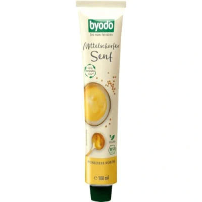 Abbildung von Byodo Mittelscharfer Senf in Tube 100 ml, 8er Pack Bio Qualität, Pikanter Geschmack, Ideal für Grill &amp; Küche, Vegan Glutenfrei