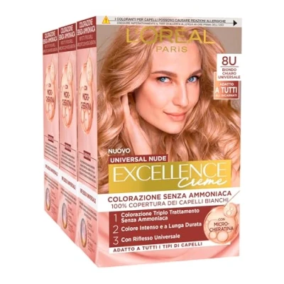 Abbildung von 3 x L&#039;Oréal Paris Excellence Creme, permanente Haarfarbe, Universal Nude, Hellblond 8U, Dreifachbehandlung Farben