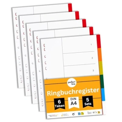 Abbildung von perfect line Ordner Register DIN A4 aus Kunststoff (PP), 6 Taben (6 teilig), 5er Set, Trennblätter für Akten Ordner, recycelbar, made in Germany