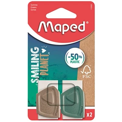 Abbildung von Maped der ökologisch nachhaltige Radierer SMILING PLANET x2 aus FSC zertifizeirtem Kautschuk Schuber Holzfaserverbundstoff ergonomische Griffform des Schubers