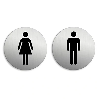 Abbildung von WC Schild Damen Herren Toilettenschilder 2er Set Ø 75 mm Aluminium selbstklebend (Silber)